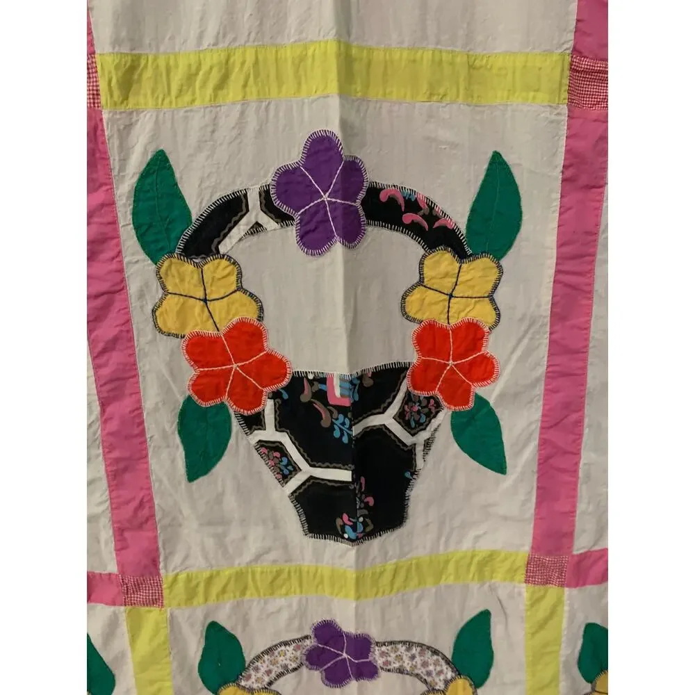 Vtg. 30's-60's Quilt Top Handsewn Applique Flower Basket Pattern 83
